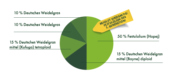 10 % Deutsches Weidelgras,
10 % Deutsches Weidelgras,
15 % Deutsches Weidelgras mittel (Kufuga) tetraploid,
50% Festulolium (Hopej),
15 % Deutsches Weidelgras mittel (Boyne) diploid. ABSOLUT EINZIGARTIG:
FESTULOLIUM DER
3. GENERATION!